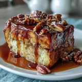 Fluffy pancake casserole baked golden with maple syrup drizzle, perfect for a cozy American breakfast or brunch.