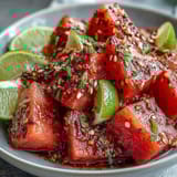 Vibrant watermelon wedges topped with tangy Tajin and fresh lime create a refreshing, spicy-sweet treat ideal for gatherings.  