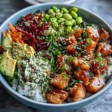 Bright Salmon Poke Bowl brimming with colorful fresh veggies, ready to enjoy.