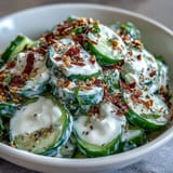 Crisp cucumbers coated in tangy cream cheese dressing, topped with savory seasoning.