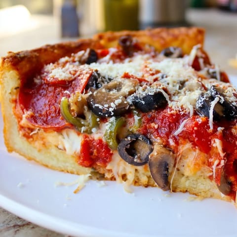 Deep Dish Pizza with golden, buttery crust and bubbling mozzarella peeking from the pan.