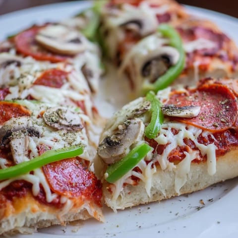 Slice of Stuffed Crust Pizza being lifted, revealing gooey mozzarella inside the crust and savory pepperoni toppings.