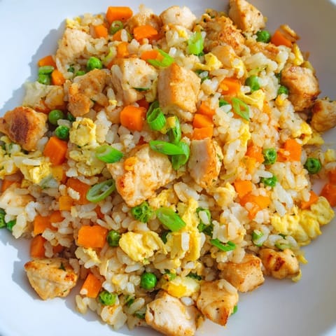 Hearty Chicken Fried Rice is served steaming hot from the wok, garnished with sliced scallions and a side of chili oil.