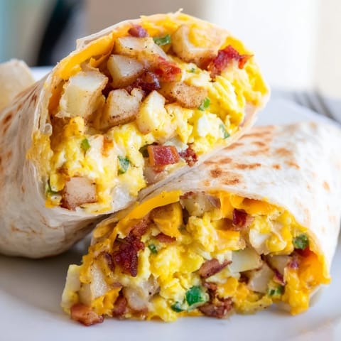A hearty flour Breakfast Burrito stuffed with smoky bacon, peppers, onions, and spicy salsa.