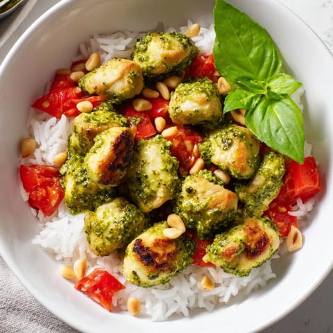 Savory chicken pesto rice bowl garnished with toasted pine nuts and a sprinkle of Parmesan, served in a rustic ceramic bowl.