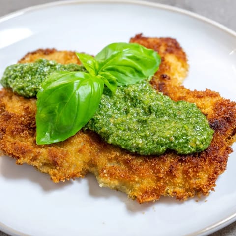 A close-up of golden-brown Parmesan breaded chicken cutlets drizzled with homemade basil pesto and fresh basil leaves.  