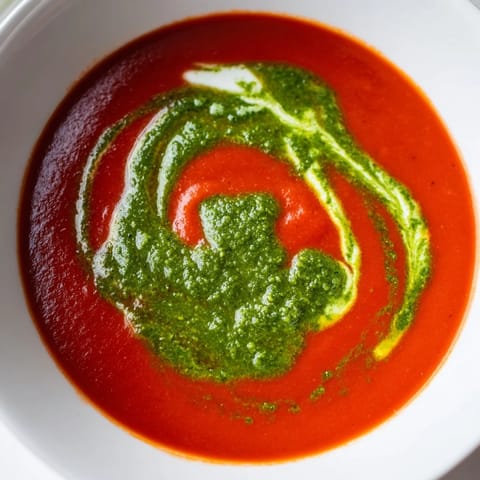 A warm bowl of Tomato Soup with Basil Pesto Swirl, finished with a vibrant green swirl on top.  