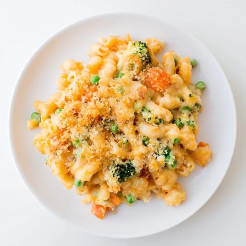 Garden Veg Mac and Cheese served warm in a white dish, with tender vegetables peeking through a creamy, cheesy sauce.