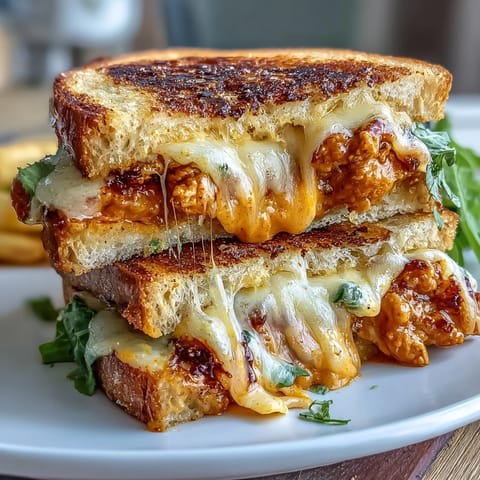Melted cheesy buffalo chicken Caesar grilled cheese sandwich oozing with flavor.