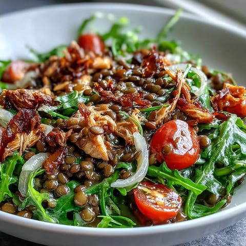 A close-up of the Lentil & Chicken Spring Salad shows tangy pickled onions and halved cherry tomatoes on a bed of fresh greens.