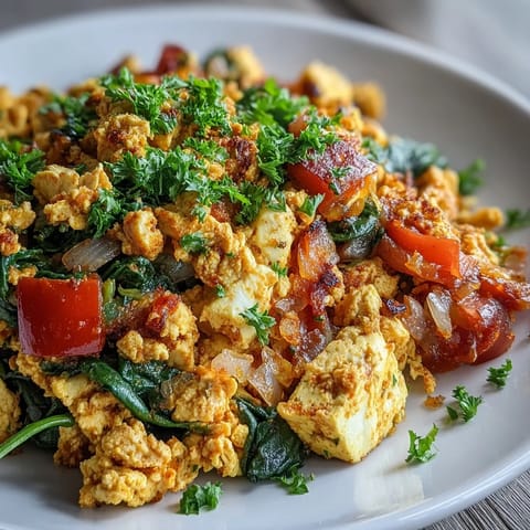 Savory vegan tofu scramble, bursting with spices and fresh vegetables.