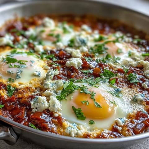 Savory shakshuka featuring a rich pepper and tomato base, ready to serve.