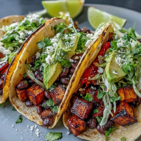 Hearty Black Bean and Sweet Potato Tacos with vibrant toppings, ready to serve.