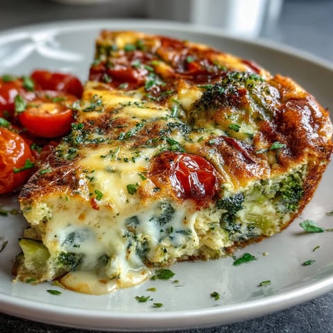 Vibrant vegetable frittata with melted cheese, oven-baked to golden perfection.