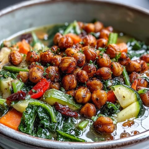 A warm bowl of Spiced Chickpea and Vegetable Soup garnished with fresh cilantro and roasted chickpeas.  