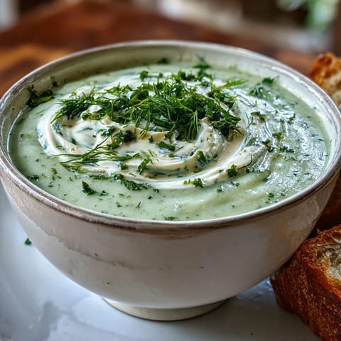 A close-up of blended Creamy Celery and Herb Soup with a swirl of cream, highlighting its silky texture and vibrant green herbs.  