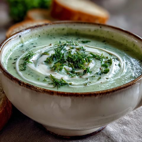 Creamy Celery and Herb Soup steaming in a white bowl, garnished with fresh chives and parsley, served with crusty bread on the side.  
