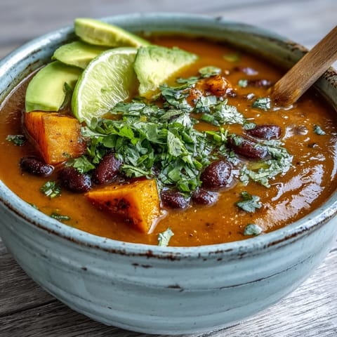 Warm, spiced sweet potato and black bean soup served with lime wedges and crusty bread.