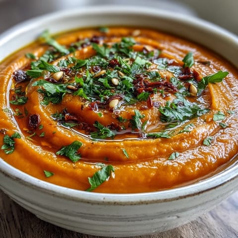 Velvety homemade roasted vegetable soup made with caramelized carrots, sweet potatoes, and peppers in a rustic kitchen.