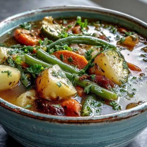 Steaming ladle of Potato and Vegetable Soup with fresh parsley garnish, served hot alongside crusty artisan bread for dipping.