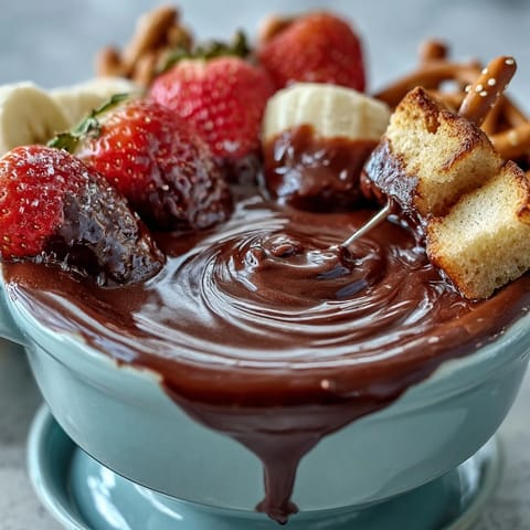 Rich, glossy Boozy Chocolate Fondue bubbling in a pot, surrounded by fresh strawberries, apple slices, and marshmallows for dipping.