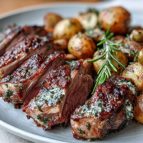 Succulent One-Pan Roast Rack of Lamb rests beside golden potatoes studded with green olives and fresh herbs.