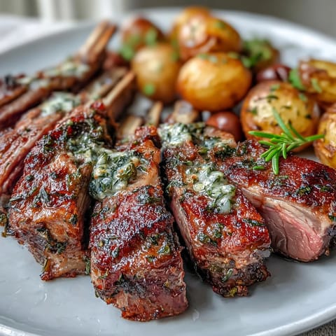 Frenched lamb chops glistening with herb crust, paired with tender roasted potatoes featuring briny green olives and lemon zest.
