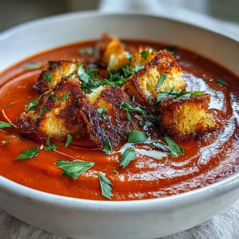 A bowl of Roasted Red Pepper Soup topped with golden, crunchy croutons for a hearty meal.