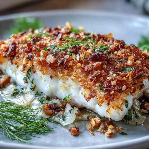 Golden-baked halibut fillets topped with crunchy lemon-walnut pangrattato on a bed of aromatic fennel.