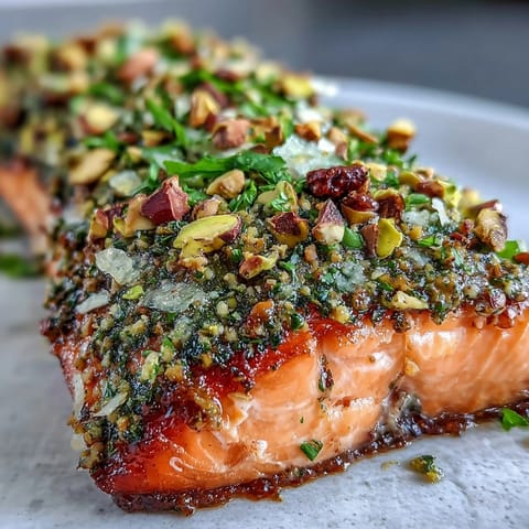 Golden Confit Salmon With Tahini, Pistachio and Herb Crust fillets resting in olive oil after slow roasting.