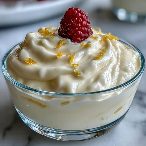 A close-up of Lemon Fool in a stemmed glass, featuring silky lemon cream and a fresh berry garnish, ready for a summer dessert.