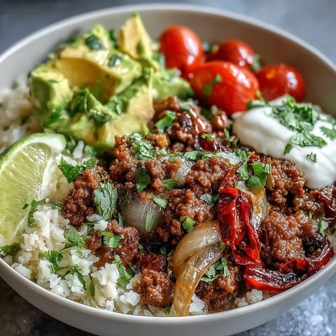 Colorful diced tomatoes, creamy avocado, shredded cheddar, and a dollop of sour cream top the Low Carb Burrito Bowl.