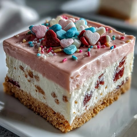 A slice of Candy Hearts Fake Cake reveals a creamy no-bake cheesecake filling on a buttery graham cracker crust.