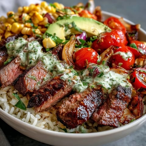 Tender slices of marinated steak rest beside bright cherry tomatoes and crisp red onion in this hearty, gluten-free Tex-Mex dinner bowl.