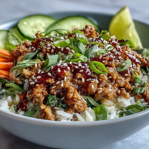 Bang Bang Ground Turkey Rice Bowls with tender turkey and vibrant crunchy veggies topped with sesame seeds and fresh lime.