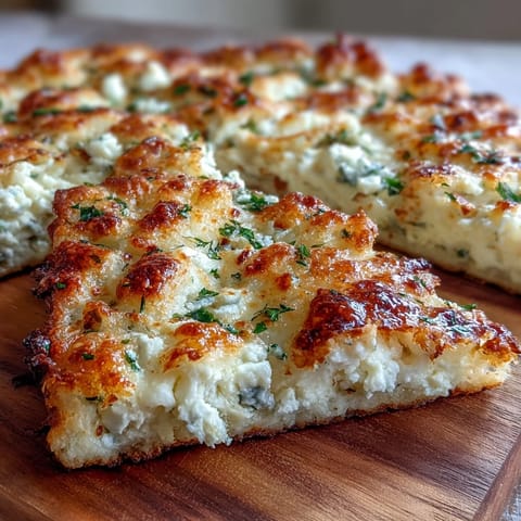 Golden-brown Fluffy Cottage Cheese Flatbread bubbling in a skillet with flecks of green herbs.