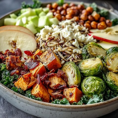 Vibrant Fall Harvest Bowl topped with crumbled feta and toasted almonds over roasted sweet potatoes.
