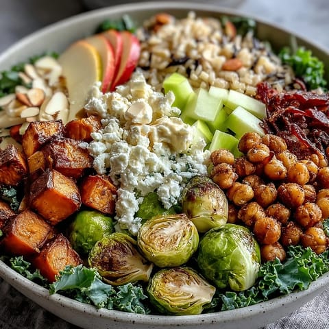 Layered Fall Harvest Bowl with kale, wild rice, and crisp apple chunks for a wholesome lunch.