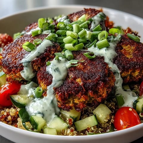 Golden-baked falafel balls rest on fluffy quinoa with diced cucumber and halved cherry tomatoes, all drizzled with creamy garlic tahini sauce in this Falafel Quinoa Salad Bowl.