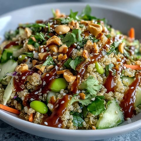 Thai Coconut Quinoa Bowl topped with crisp red peppers, carrots, and cucumber, drizzled with creamy peanut dressing and sesame seeds.
