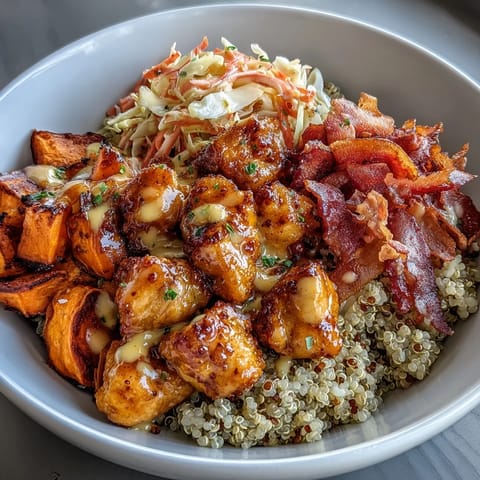 Steamed fluffy quinoa and golden roasted sweet potatoes create a vibrant base for the Hot Honey Chicken Bowl.