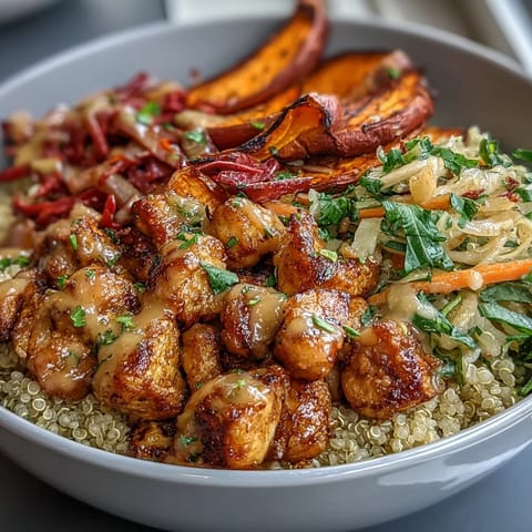 Sliced spiced chicken rests on crunchy red cabbage slaw, all drizzled with tangy hot honey mustard dressing.