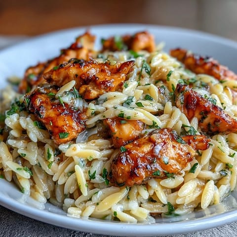 Creamy lemon orzo with tender chicken and wilted spinach, served in a white bowl with lemon wedge.