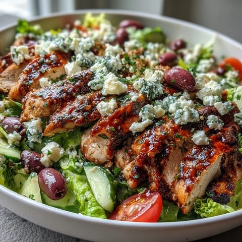Fresh Greek salad bowl with grilled chicken, featuring crisp vegetables and juicy marinated chicken breast, perfect for a healthy lunch.  