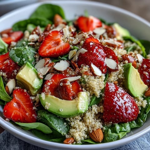 Fresh strawberry avocado quinoa salad with creamy avocado, juicy berries, and citrus dressing in a bright bowl.  