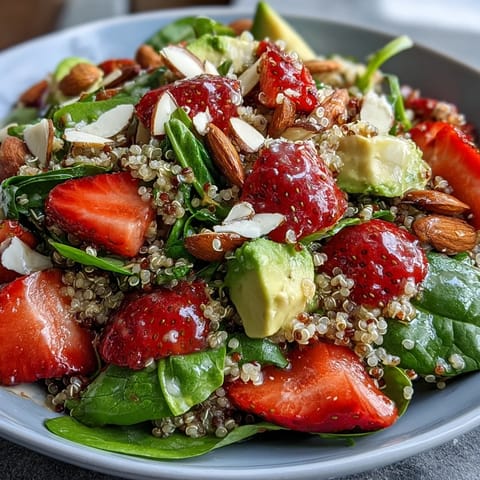 Colorful quinoa salad featuring ripe strawberries, diced avocado, and baby spinach, topped with toasted almonds and feta.  