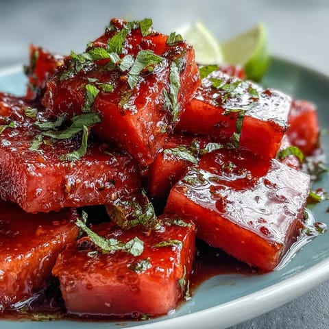 Fresh watermelon slices dusted with Tajin chili-lime seasoning and zesty lime juice for a perfect summer snack.  