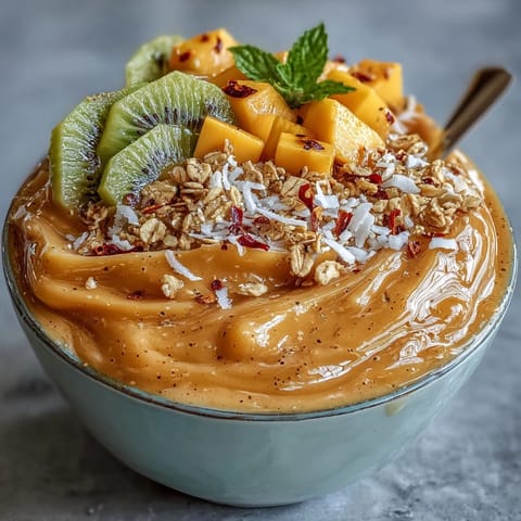 Vibrant mango chili lime smoothie bowl topped with fresh fruit and granola.
