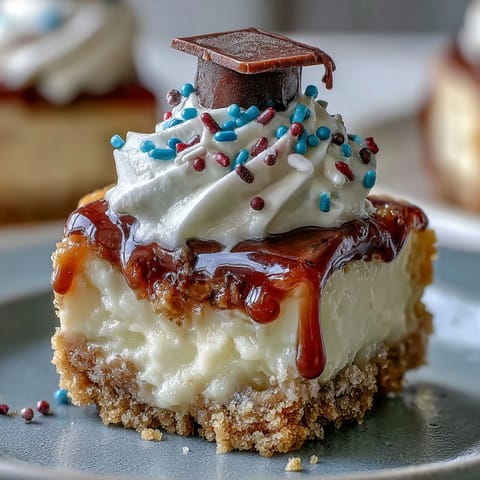 Creamy, bite-sized cheesecake adorned with festive graduation toppings for a memorable party.