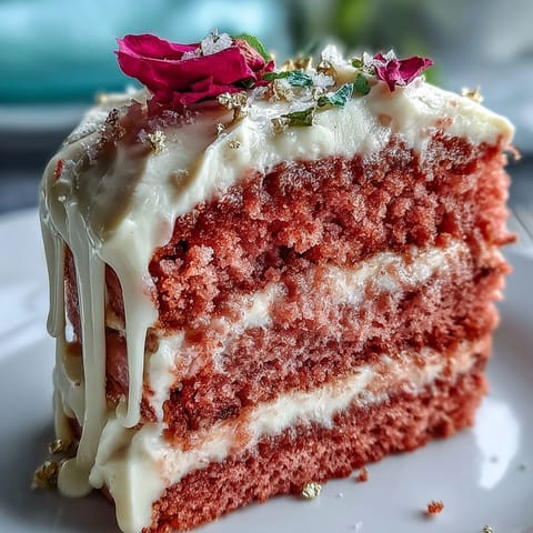 Elegant bridal shower rosé velvet cake with gold drip, featuring a stunning pink interior and shimmering edible gold accents.